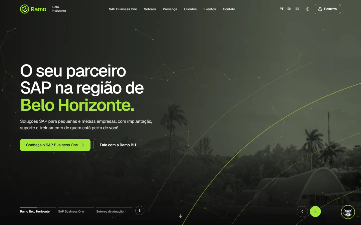 Página inicial do Ramo Ops: carrossel com foto em tons de verde, menu da Ramo Belo Horizonte e botão Restrito